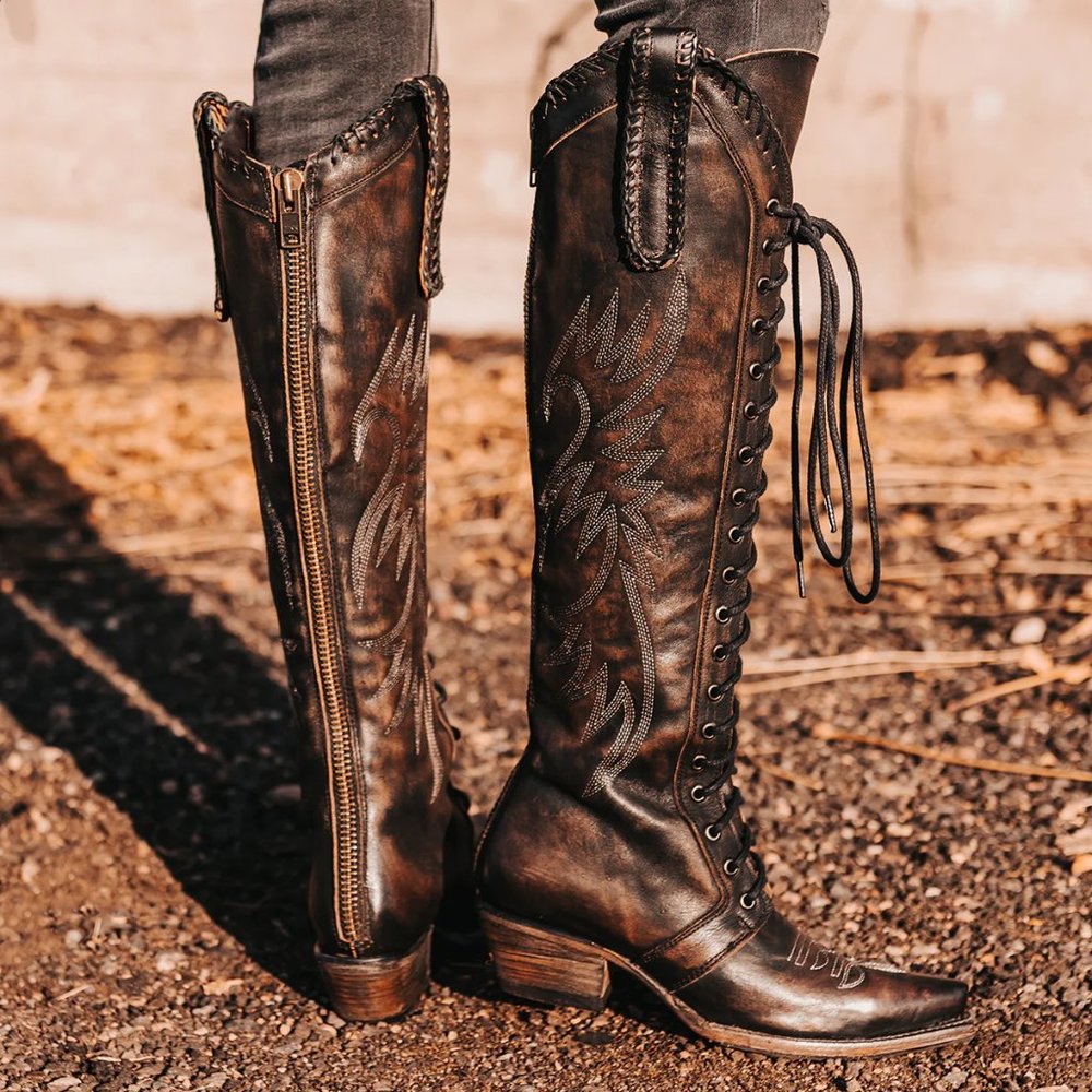 New - Black Freebird Lace-up Western Knee-high Boots - Size 8